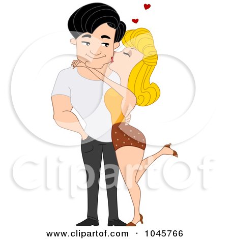 Royalty-Free (RF) Clip Art Illustration of a Pinup Woman Lifting Her Leg And Kissing A Man's Cheek by BNP Design Studio