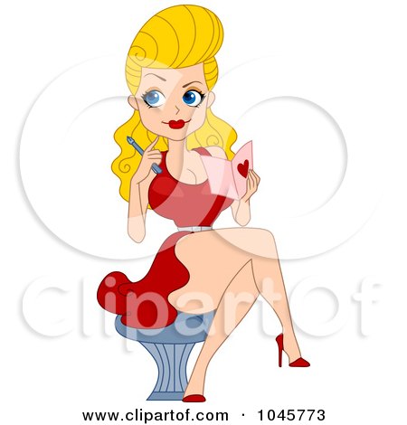 Royalty-Free (RF) Clip Art Illustration of a Blond Pinup Woman In A Red Dress, Writing A Love Letter by BNP Design Studio