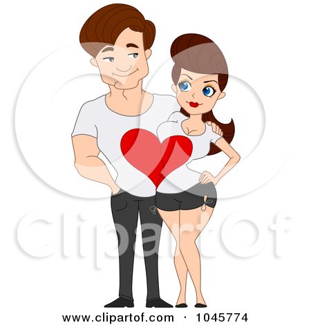 Royalty-Free (RF) Clip Art Illustration of a Couple Wearing Connecting Heart Shirts by BNP Design Studio