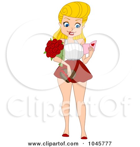 Royalty-Free (RF) Clip Art Illustration of a Pinup Woman Holding Roses, A Valentine Card And Chocolates by BNP Design Studio