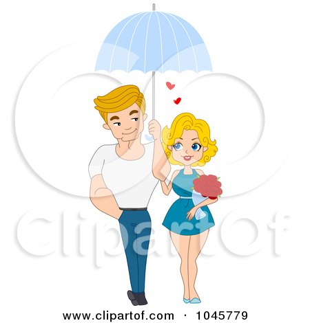 Royalty-Free (RF) Clip Art Illustration of a Man Holding An Umbrella Over His Girlfriend by BNP Design Studio
