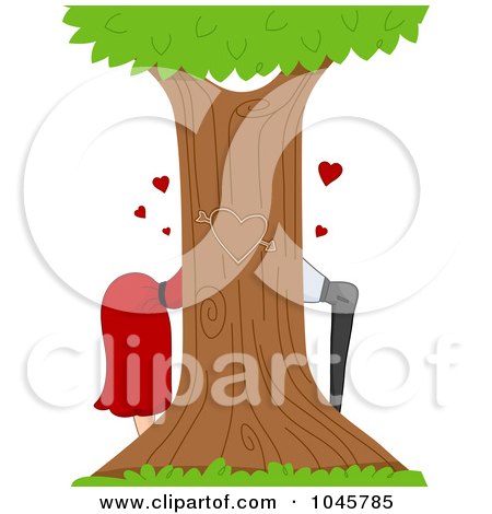 Royalty-Free (RF) Clip Art Illustration of a Couple Kissing Behind A Tree With A Carved Heart On The Trunk by BNP Design Studio