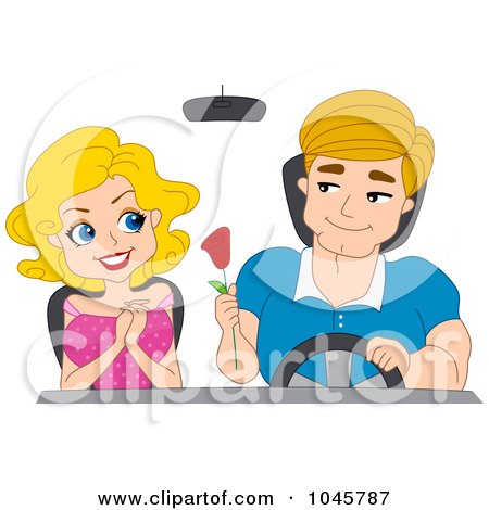 Royalty-Free (RF) Clip Art Illustration of a Romantic Man Giving His Woman A Rose While Driving by BNP Design Studio
