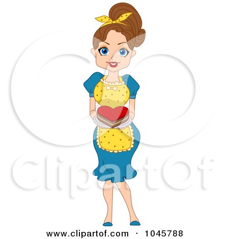 Royalty-Free (RF) Clip Art Illustration of a Brunette Pinup Woman Serving A Valentine Heart Cake by BNP Design Studio