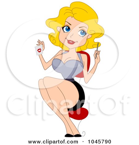 Royalty-Free (RF) Clip Art Illustration of a Blond Pinup Woman Holding A Note With A Lipstick Kiss by BNP Design Studio