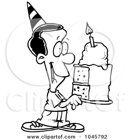 Royalty-Free (RF) Clip Art Illustration of a Cartoon Black And White Outline Design Of A Black Birthday Boy Holding A Slice Of Cake by toonaday