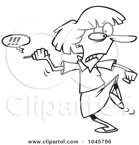 Royalty-Free (RF) Clip Art Illustration of a Cartoon Black And White Outline Design Of A Businesswoman Fed Up With Her Cell Phone by toonaday