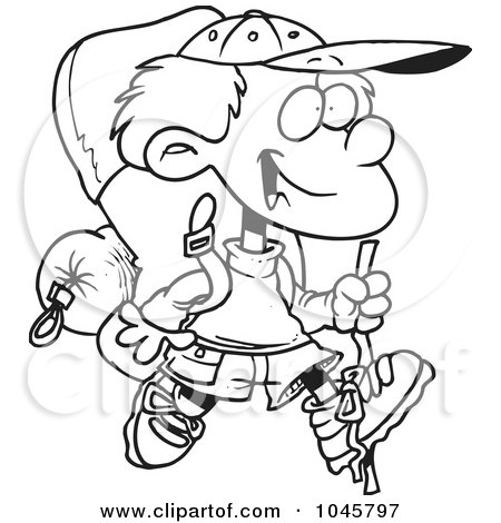 Royalty-Free (RF) Clip Art Illustration of a Cartoon Black And White Outline Design Of A Hiking Boy With Camping Gear by toonaday