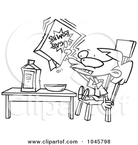 Royalty-Free (RF) Clip Art Illustration of a Cartoon Black And White Outline Design Of A Girl Eating Sugary Cereal by toonaday