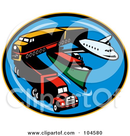Royalty-Free (RF) Clipart Illustration of a Transport Logo With A Big Rig, Train, Ship And Airplane by patrimonio