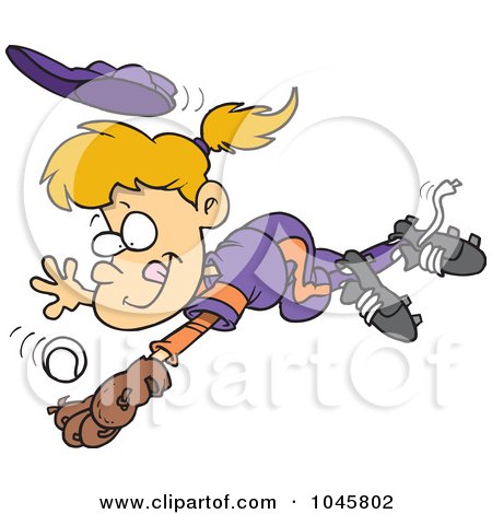 Royalty-Free (RF) Clip Art Illustration of a Cartoon Girl Diving To Catch A Baseball by toonaday