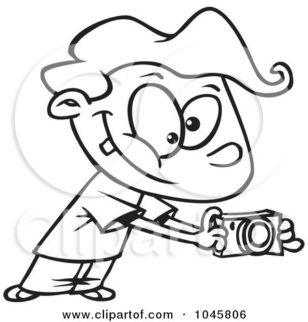 Royalty-Free (RF) Clip Art Illustration of a Cartoon Black And White Outline Design Of A Boy Using His Camera by toonaday
