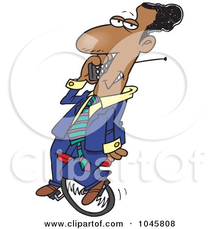 Royalty-Free (RF) Clip Art Illustration of a Cartoon Black Businessman Talking On A Cell Phone On Unicycle by toonaday