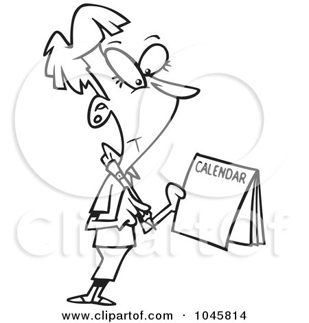 Royalty-Free (RF) Clip Art Illustration of a Cartoon Black And White Outline Design Of A Businesswoman Marking Her Calendar by toonaday