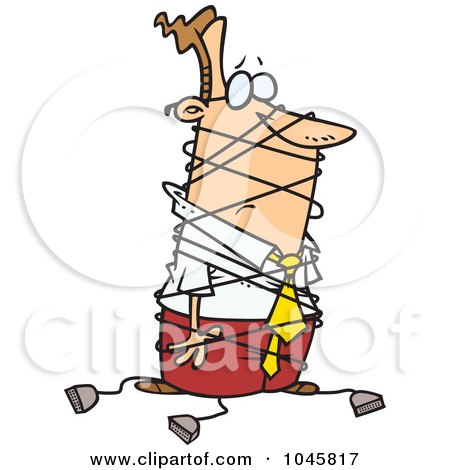 Royalty-Free (RF) Clip Art Illustration of a Cartoon Businessman Tangled In Cables by toonaday