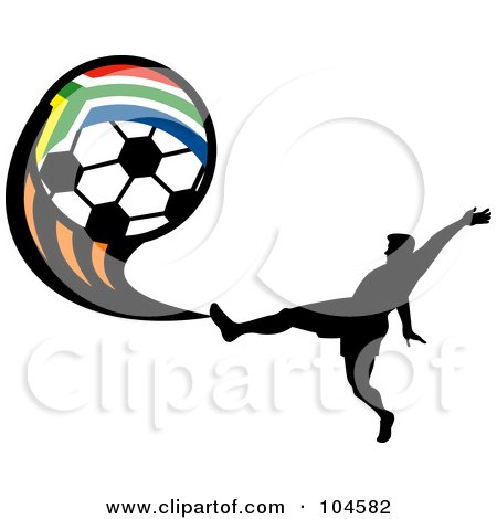 Royalty-Free (RF) Clipart Illustration of a Silhouetted Soccer Player Kicking A South African Flag Ball by patrimonio