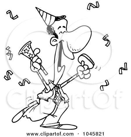 Royalty-Free (RF) Clip Art Illustration of a Cartoon Black And White Outline Design Of A Black Businessman Celebrating At A Party by toonaday