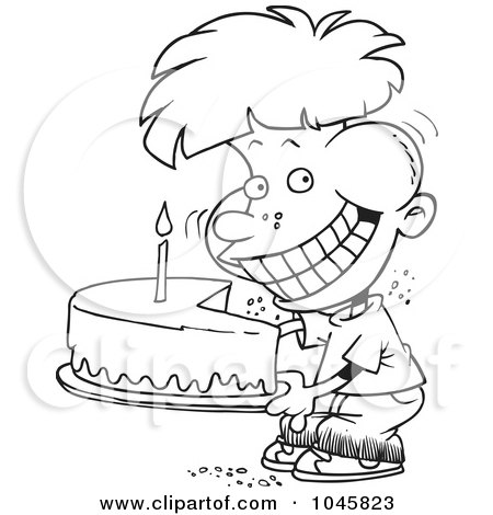 Royalty-Free (RF) Clip Art Illustration of a Cartoon Black And White Outline Design Of A Birthday Boy Eating An Entire Cake by toonaday
