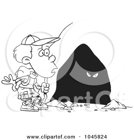 Royalty-Free (RF) Clip Art Illustration of a Cartoon Black And White Outline Design Of A Hiker Boy Seeing Eyes In A Cave by toonaday