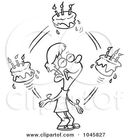 Royalty-Free (RF) Clip Art Illustration of a Cartoon Black And White Outline Design Of A Birthday Boy Juggling Cakes by toonaday