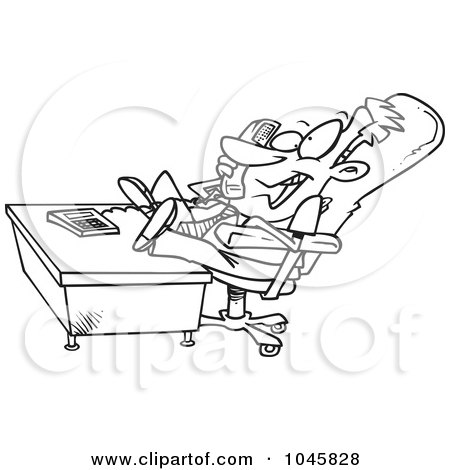Royalty-Free (RF) Clip Art Illustration of a Cartoon Black And White Outline Design Of A Chatty Businessman With His Feet On His Desk by toonaday