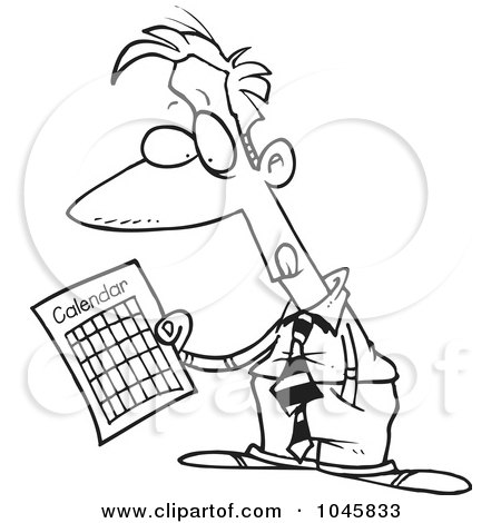 Royalty-Free (RF) Clip Art Illustration of a Cartoon Black And White Outline Design Of A Businessman Holding A Calendar by toonaday