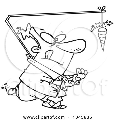 Royalty-Free (RF) Clip Art Illustration of a Cartoon Black And White Outline Design Of A Businessman Chasing A Carrot Lead by toonaday