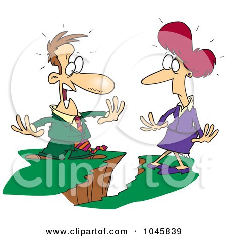 Royalty-Free (RF) Clip Art Illustration of a Cartoon Business Man And Woman Being Divided By A Chasm by toonaday