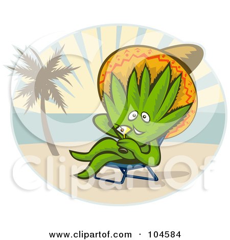 Royalty-Free (RF) Clipart Illustration of a Happy Agave Wearing A Hat And Sipping A Cocktail On A Tropical Beach by patrimonio