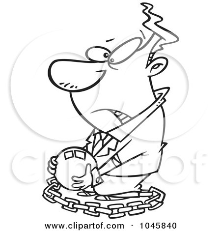Royalty-Free (RF) Clip Art Illustration of a Cartoon Black And White Outline Design Of A Chained Businessman Carrying A Ball by toonaday