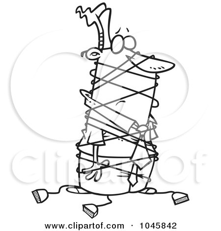 Royalty-Free (RF) Clip Art Illustration of a Cartoon Black And White Outline Design Of A Businessman Tangled In Cables by toonaday