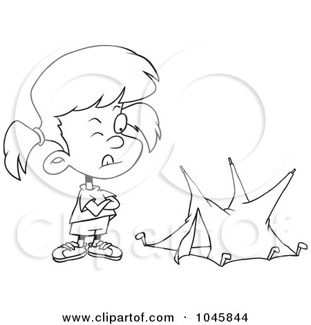 Royalty-Free (RF) Clip Art Illustration of a Cartoon Black And White Outline Design Of A Girl With A Tiny Tent by toonaday