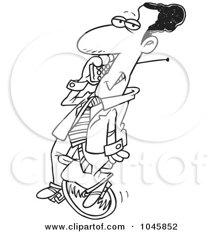 Royalty-Free (RF) Clip Art Illustration of a Cartoon Black And White Outline Design Of A Black Businessman Talking On A Cell Phone On Unicycle by toonaday