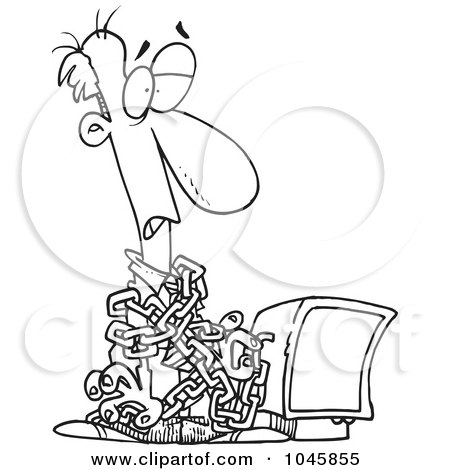 Royalty-Free (RF) Clip Art Illustration of a Cartoon Black And White Outline Design Of A Chained Businessman By A Computer by toonaday