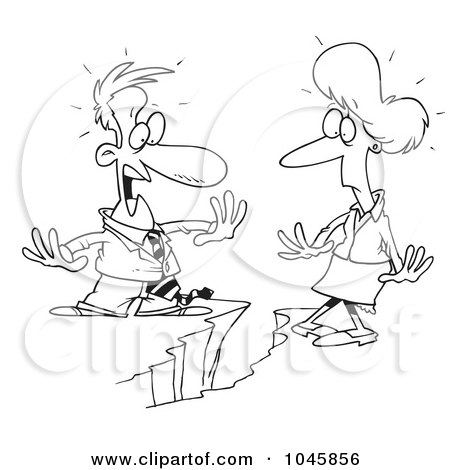 Royalty-Free (RF) Clip Art Illustration of a Cartoon Black And White Outline Design Of A Business Man And Woman Being Divided By A Chasm by toonaday