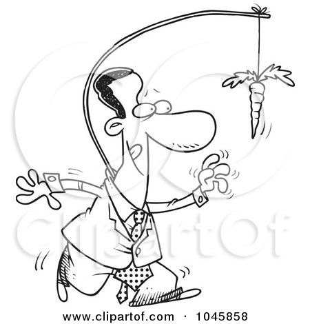 Royalty-Free (RF) Clip Art Illustration of a Cartoon Black And White Outline Design Of A Black Businessman Chasing After A Carrot On A Stick by toonaday