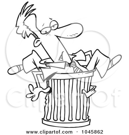 Royalty-Free (RF) Clip Art Illustration of a Cartoon Black And White Outline Design Of A Canned Businessman Stuck In A Garbage Can by toonaday