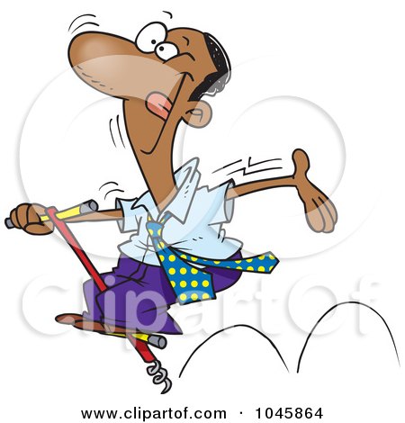 Royalty-Free (RF) Clip Art Illustration of a Cartoon Carefree Black Businessman Jumping On A Pogo Stick by toonaday