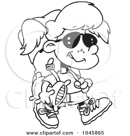 Royalty-Free (RF) Clip Art Illustration of a Cartoon Black And White Outline Design Of A Camper Girl Carrying Her Gear by toonaday