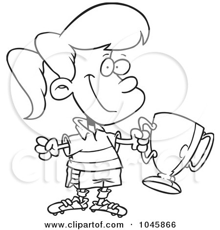 Royalty-Free (RF) Clip Art Illustration of a Cartoon Black And White Outline Design Of A Soccer Girl Holding A Trophy by toonaday