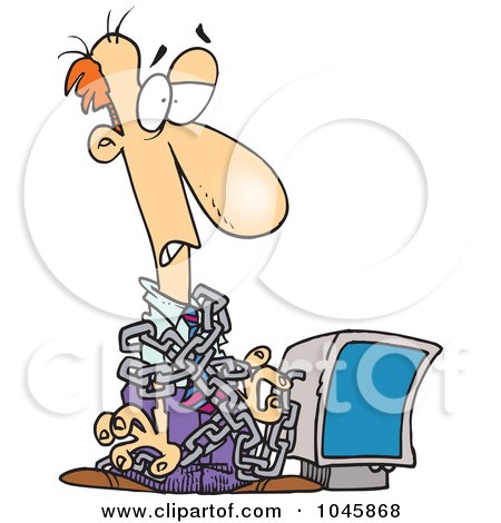 Royalty-Free (RF) Clip Art Illustration of a Cartoon Chained Businessman By A Computer by toonaday
