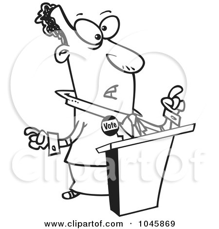 Royalty-Free (RF) Clip Art Illustration of a Cartoon Black And White Outline Design Of A Black Politician At A Podium by toonaday