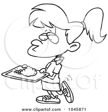 Royalty-Free (RF) Clip Art Illustration of a Cartoon Black And White Outline Design Of A Girl Carrying Cafeteria Food by toonaday