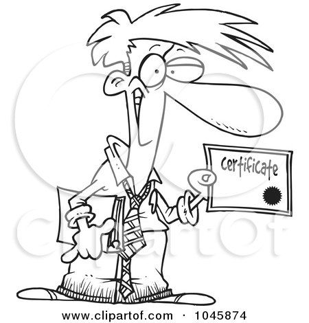 Royalty-Free (RF) Clip Art Illustration of a Cartoon Black And White Outline Design Of A Businessman Holding A Certificate by toonaday