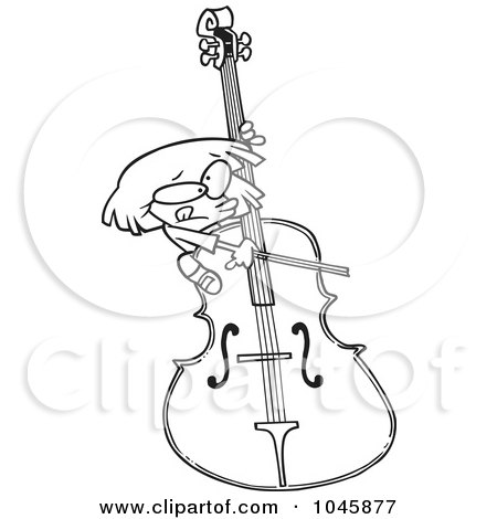 Royalty-Free (RF) Clip Art Illustration of a Cartoon Black And White Outline Design Of A Girl Playing A Giant Bass by toonaday
