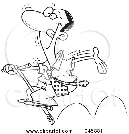 Royalty-Free (RF) Clip Art Illustration of a Cartoon Black And White Outline Design Of A Carefree Black Businessman Jumping On A Pogo Stick by toonaday