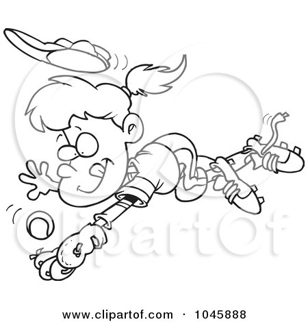 Royalty-Free (RF) Clip Art Illustration of a Cartoon Black And White Outline Design Of A Girl Diving To Catch A Baseball by toonaday