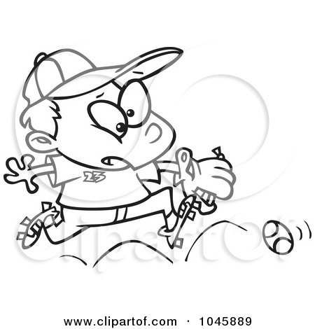 Royalty-Free (RF) Clip Art Illustration of a Cartoon Black And White Outline Design Of A Boy Chasing A Baseball by toonaday