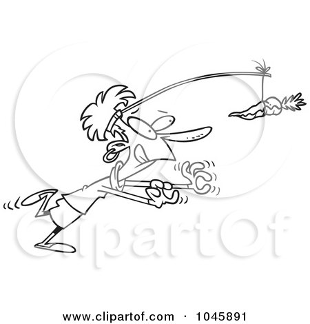 Royalty-Free (RF) Clip Art Illustration of a Cartoon Black And White Outline Design Of A Businesswoman Chasing After A Carrot by toonaday