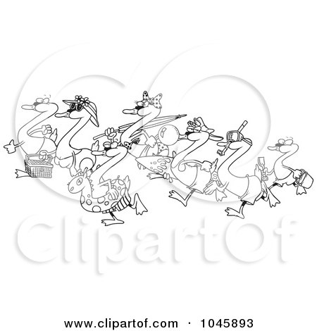 Royalty-Free (RF) Clip Art Illustration of a Cartoon Black And White Outline Design Of Seven Swans Going Swimming by toonaday